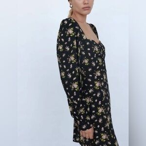 Zara Black Floral Dress with Pink and Yellow Accents Mini Fit and Flare XS/Small
